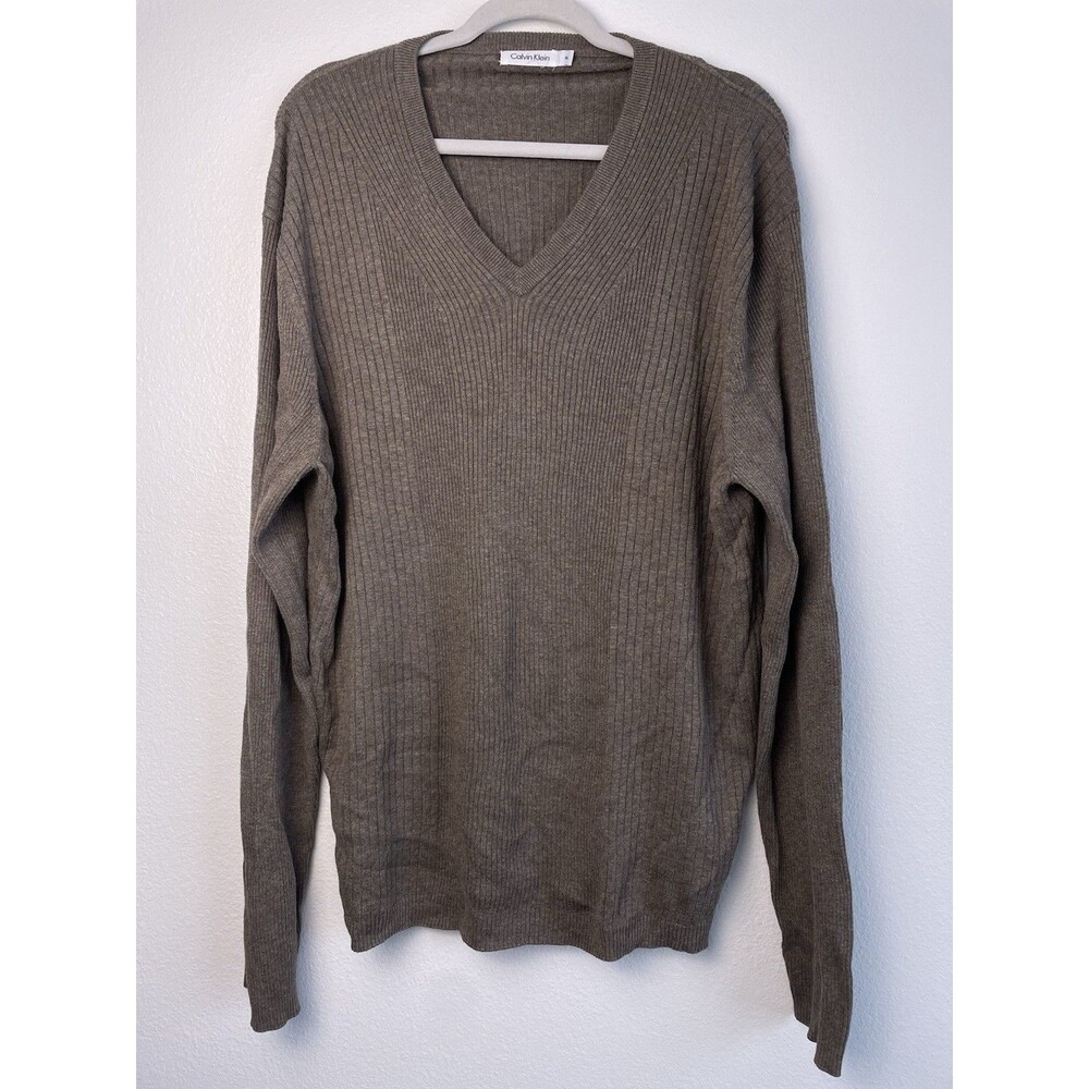 Calvin Klein Men XL Ribbed Knit V Neck Cotton Blend Sweater Brown Pullover